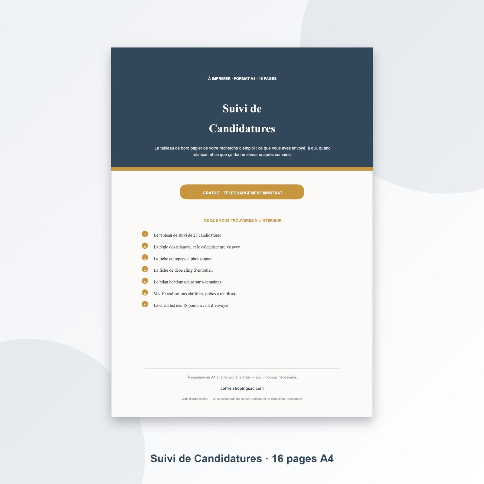 Suivi de Candidatures à Imprimer — Tableau de Bord de Recherche d'Emploi, Relances et Bilan Hebdomadaire (PDF A4, 16 pages) suivi de candidatures a imprimer 1