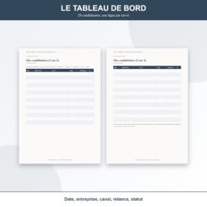 Accueil Suivi de Candidatures à Imprimer — Tableau de Bord de Recherche d’Emploi, Relances et Bilan Hebdomadaire (PDF A4, 16 pages)